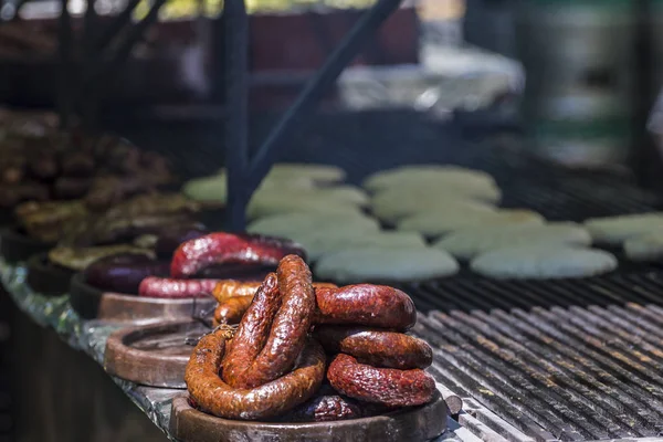 Muchas Carnes Embutidos Barbacoa Diferentes Una Parrilla —  Fotos de Stock