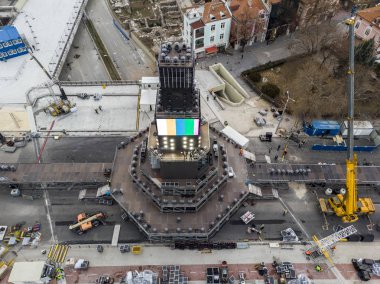 Plovdiv, Bulgaristan - 05 Ocak 2019 - ana kule ve Avrupa kültür başkenti - Plovdiv 2019 açılış etkinliği için sahne. Yapısı Bulvarı'nda inşa süreci