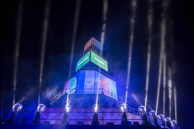 Plovdiv, Bulgaristan - 11 Ocak 2019 - Main tower ve Avrupa kültür başkenti - Plovdiv 2019 Haritayı prova aşamada.