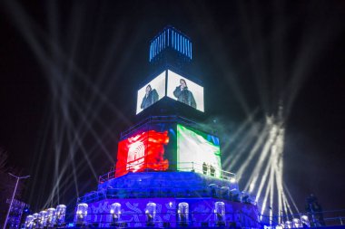 Plovdiv, Bulgaristan - 11 Ocak 2019 - Main tower ve Avrupa kültür başkenti - Plovdiv 2019 Haritayı prova aşamada.