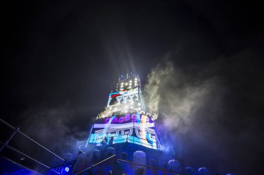 Plovdiv, Bulgaristan - 11 Ocak 2019 - Main tower ve Avrupa kültür başkenti - Plovdiv 2019 Haritayı prova aşamada.