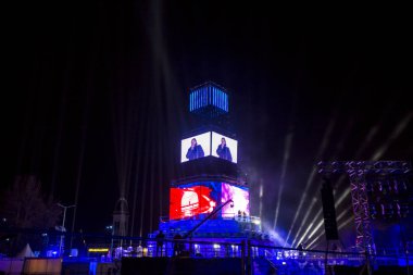 Plovdiv, Bulgaristan - 11 Ocak 2019 - Main tower ve Avrupa kültür başkenti - Plovdiv 2019 Haritayı prova aşamada.