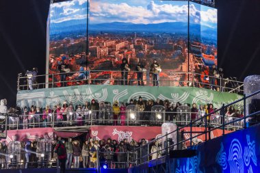 Plovdiv, Bulgaristan - 11 Ocak 2019 - Main tower ve Avrupa kültür başkenti - Plovdiv 2019 Haritayı prova aşamada.