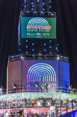 Plovdiv, Bulgaristan - 11 Ocak 2019 - Main tower ve Avrupa kültür başkenti - Plovdiv 2019 Haritayı prova aşamada.