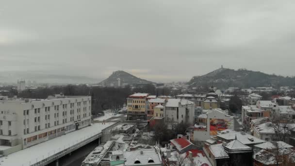 Пловдив Болгарія Січня 2019 Пташиного Польоту Снігу Вежі Сцену Європейської — стокове відео