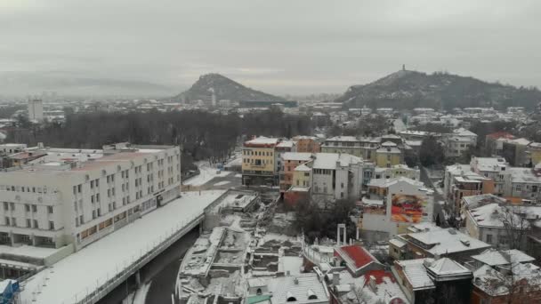 Пловдив Болгарія Січня 2019 Пташиного Польоту Снігу Вежі Сцену Європейської — стокове відео