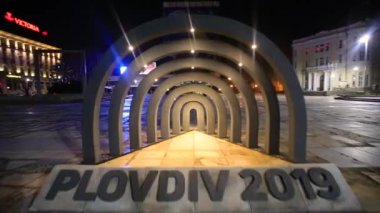 Plovdiv, Bulgaristan - 12 Ocak 2019 - Avrupa kültür başkenti - Plovdiv 2019, Bulgaristan için 3d logo anıt
