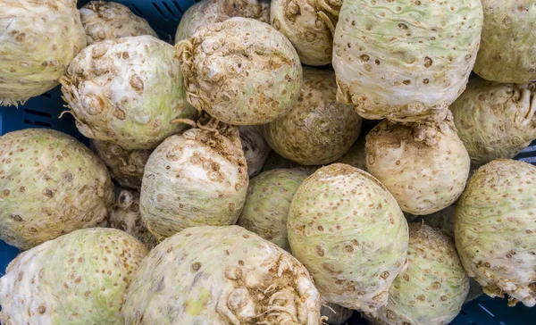 Top view of many ripe bio celery root in a basket