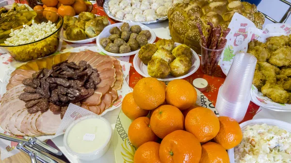 Rich Table Spread Many Different Dishes Fruits Deserts — Stock Photo, Image