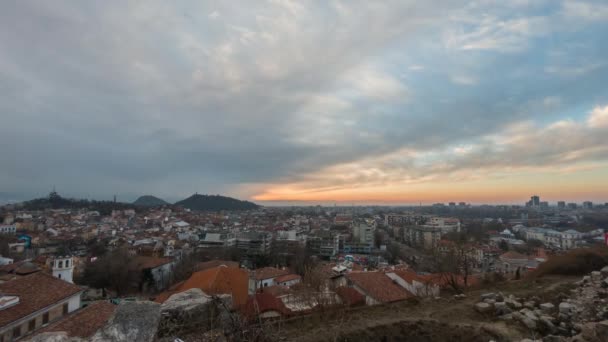 Beautiful Evening Night Time Lapse Plovdiv City Moving Clouds Revealing — Stock Video