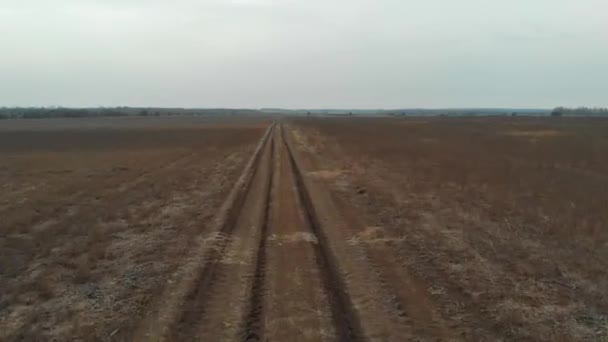 耕作地の間まっすぐの未舗装の道路上を飛んでドローン — ストック動画