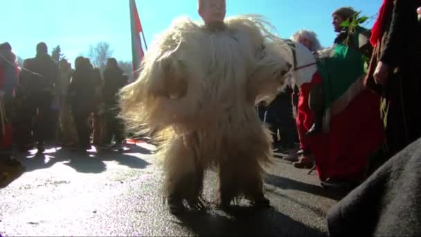 Kukeri-zamaskowanych ludzi w kostiumach wykonanych z długich włosów — Wideo stockowe