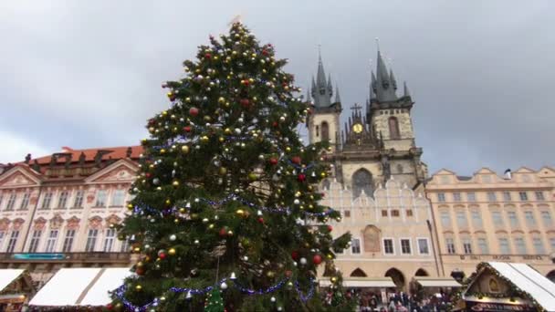 Weihnachtsmarkt mit Weihnachtsbaum in Prag — Stockvideo