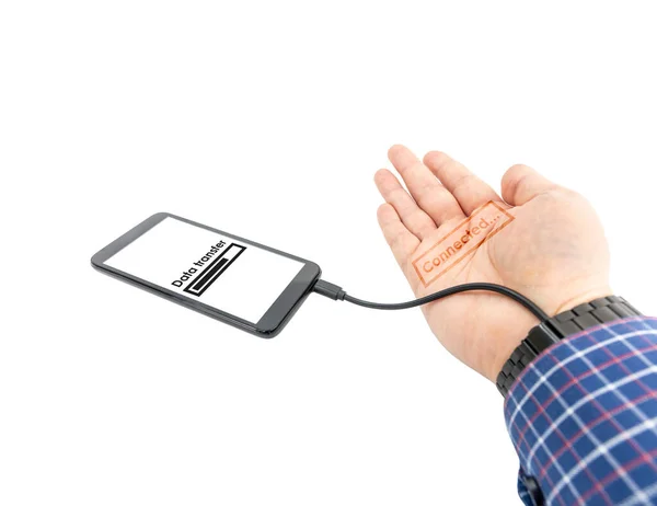 Augmented Menselijke Hand Verbonden Met Een Smartphone Usb Kabel Het — Stockfoto