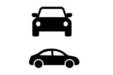 siyah basit, minimalist siluet Sedan araba vektör simgesinin ön ve yan görünümü.