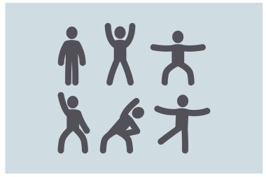 Basit, düz, minimalist insan siluetleri yoga ve spor ikonu seti vektörü yapıyor.