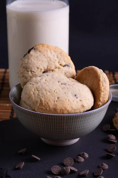 Chocolate Chip Cookies Slate Glass Milk Bamboo Base — Stock Photo, Image