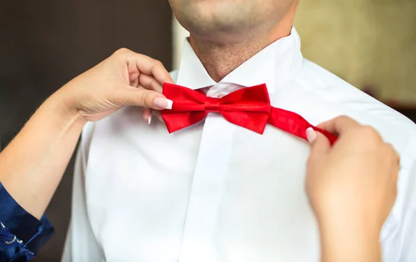 Girl dress groom red bow tie closeup