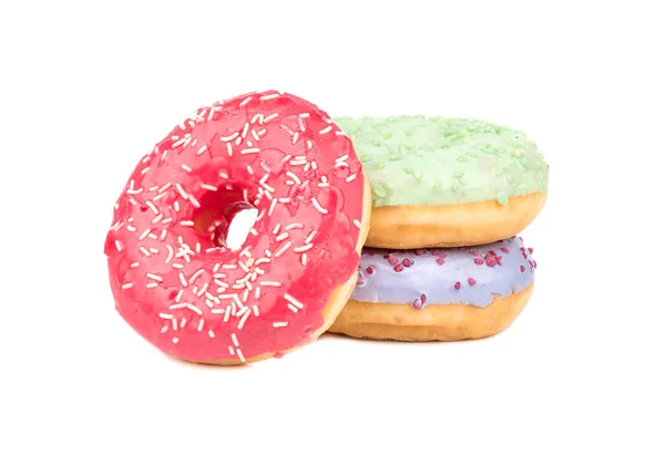 Três Donuts Com Esmalte Multicolorido Fundo Branco — Fotografia de Stock