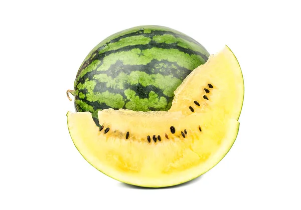 Melon Jaune Avec Deux Tranches Juteuses Sur Fond Blanc — Photo