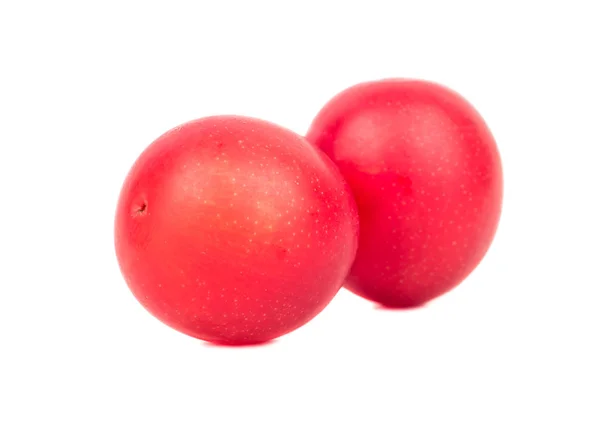 Twee Rijpe Rode Cherry Pruimen Een Witte Achtergrond — Stockfoto