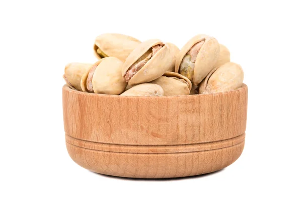 Pistachio Nuts Wooden Bowl Isolated White Background — Stock Photo, Image