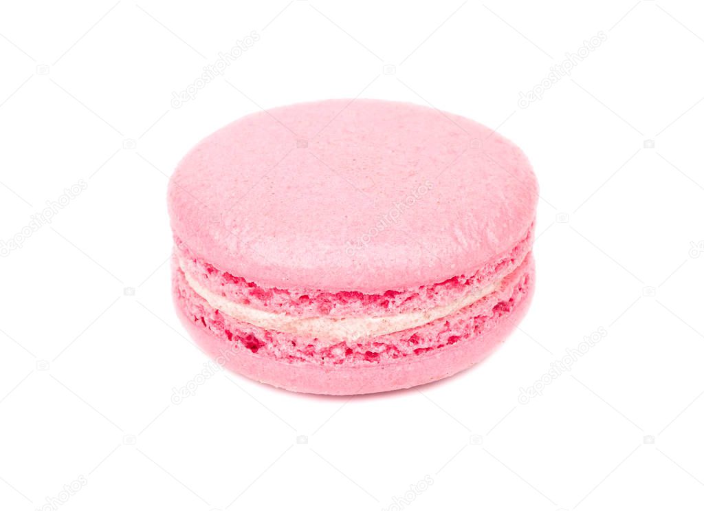 Pink macaroon with cream isolated on white background