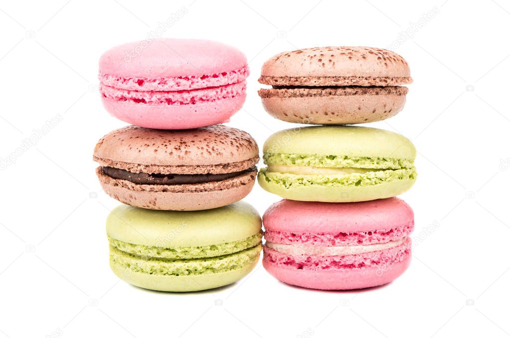 Stack of delicious multicolored macaroon on a white background