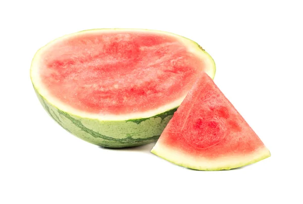 Saftiga Hälften Vattenmelon Kärnfria Med Skiva Vit Bakgrund — Stockfoto