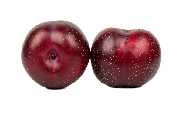 Deux Grandes Prunes Rouges Délicieuses Isolées Sur Fond Blanc — Photo