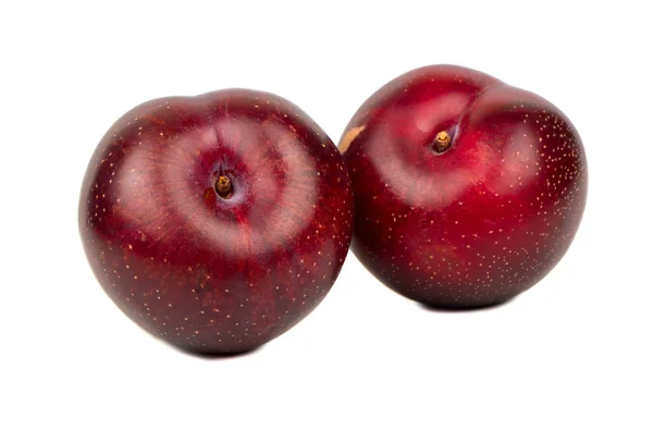 Deux Grandes Prunes Rouges Délicieuses Isolées Sur Fond Blanc — Photo