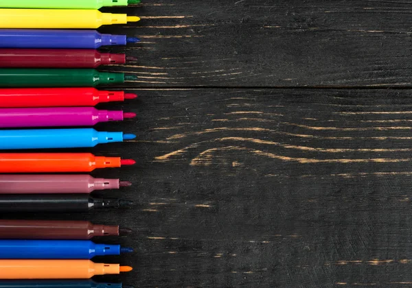 Open Colored Markers Wooden Background Top View — Stock Photo, Image