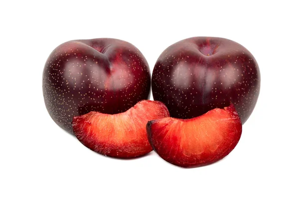 Fresh Red Plums Two Slices White Background — Stock Photo, Image