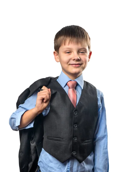 Retrato Estudante Alegre Uma Camisa Fundo Branco — Fotografia de Stock