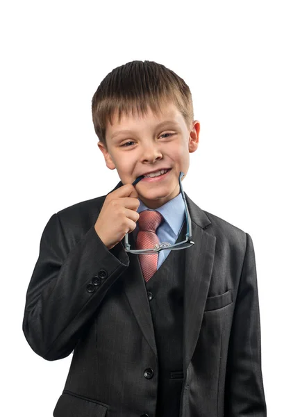Porträtt Skolpojke Som Håller Tänderna Glasögon Vit Bakgrund — Stockfoto