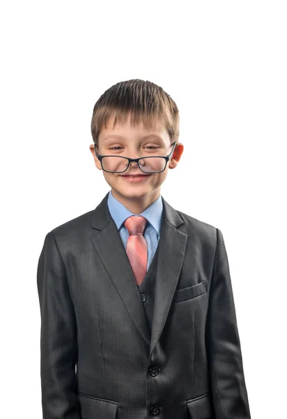 Porträt Eines Schuljungen Mit Brille Auf Der Nase Auf Weißem — Stockfoto