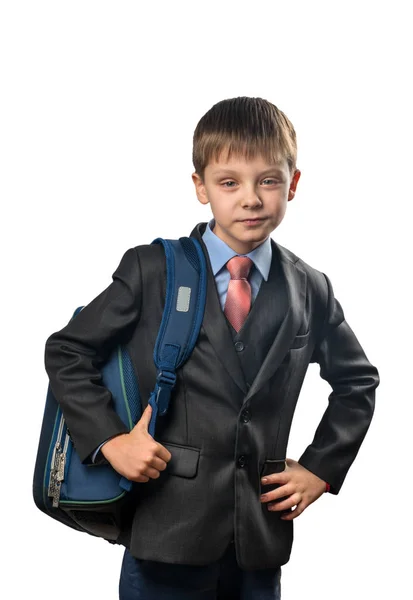 Estudante Bonito Com Uma Mochila Fundo Branco — Fotografia de Stock