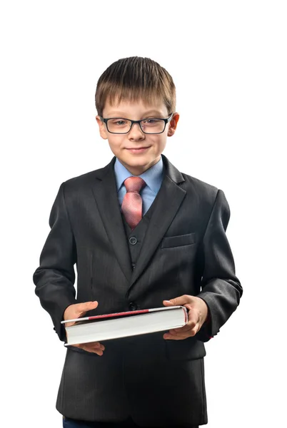 Lindo Colegial Con Gafas Está Sosteniendo Libro —  Fotos de Stock