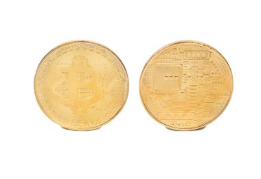 Beyaz arka plan üzerinde izole bitcoins iki altın paralar