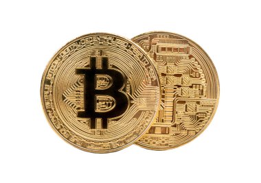 Beyaz arka plan üzerinde izole bitcoins iki altın paralar