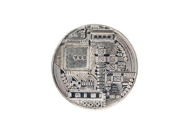 Beyaz arka plan üzerinde izole bir gümüş sikke bitcoin arkası