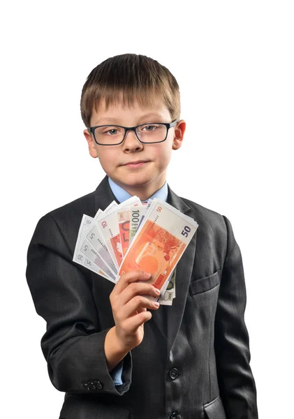 Retrato Estudante Segurando Euro Sua Mão Sobre Fundo Branco — Fotografia de Stock