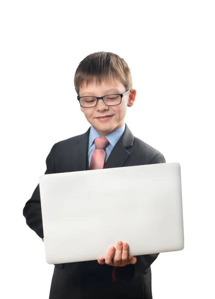 Schoolboy Segurando Laptop Comunicando Internet Fundo Branco — Fotografia de Stock