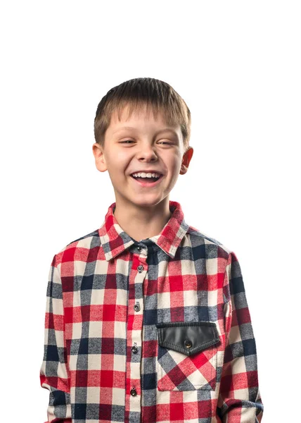 Lachender Junge Hemd Auf Weißem Hintergrund — Stockfoto