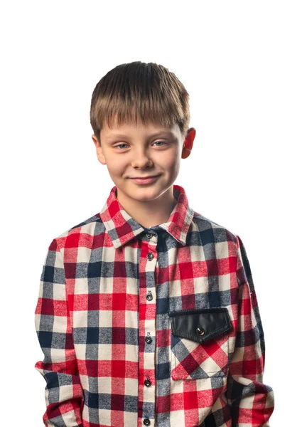 Retrato Chico Lindo Una Camisa Sobre Fondo Blanco — Foto de Stock