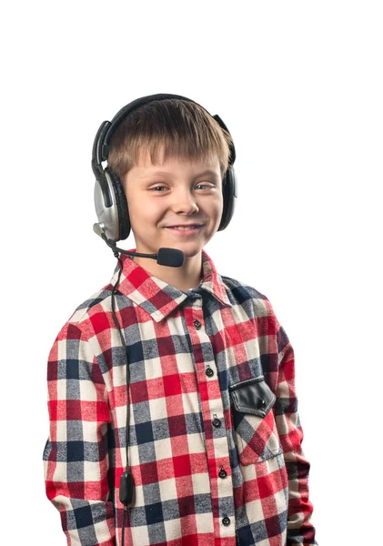 Little Boy Headphones Microphone White Background — Stock Photo, Image