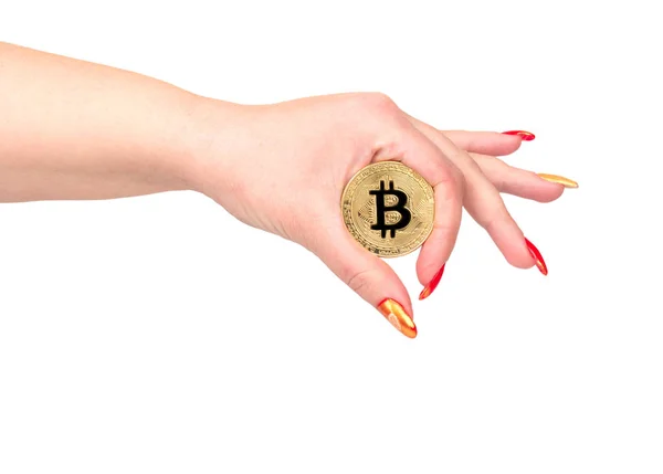 Bitcoin Oro Mano Femenina Sobre Fondo Blanco — Foto de Stock