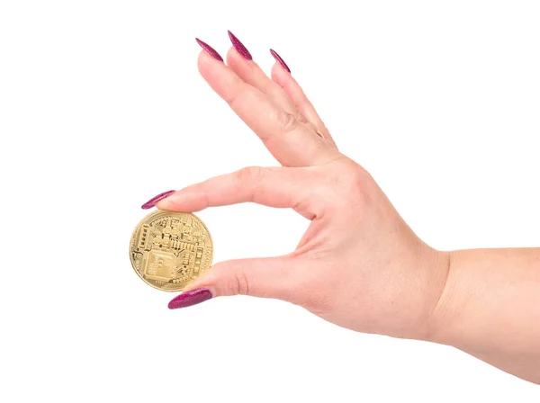 Bitcoin Pièce Main Féminine Sur Fond Blanc — Photo