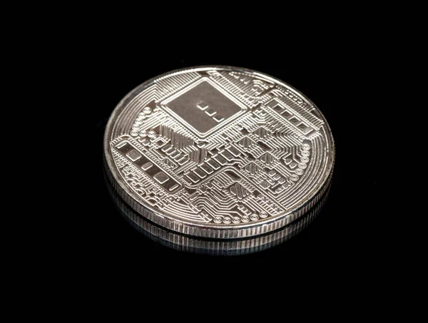 Baksidan Silver Bitcoin Mynt Svart Bakgrund — Stockfoto