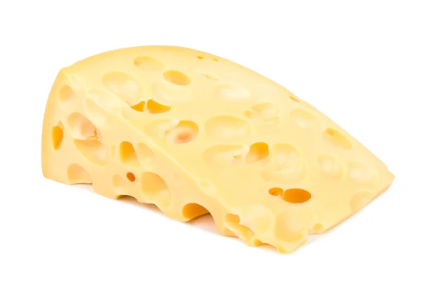 Scheibe Köstlichen Käse Mit Löchern Isoliert Auf Weißem Hintergrund — Stockfoto